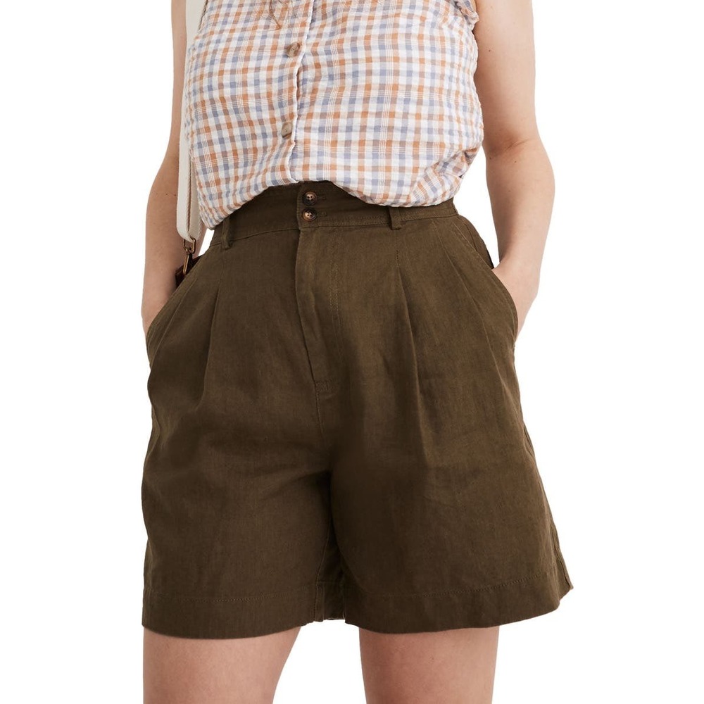Madewell Pleated High Waist Linen Blend Shorts Olive Green Size 6